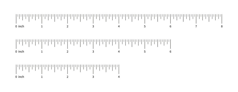 Ruler scale set, measuring chart with 4 inches, 8 inches and 6 inches. Length measurement distance, height, math. Template of sewing tool.