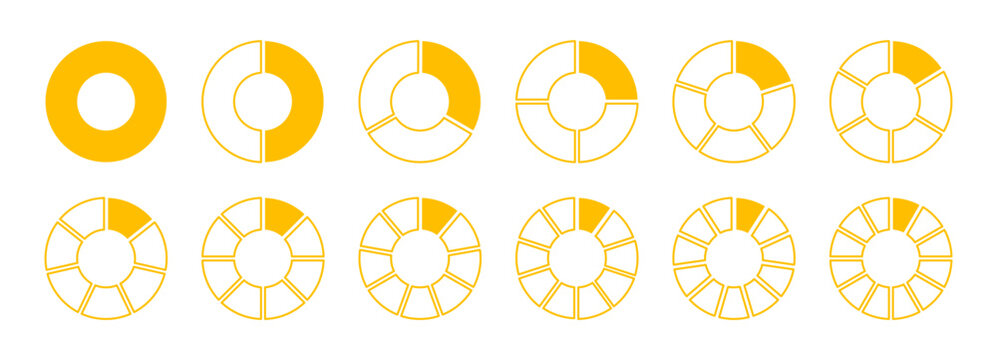 Wheel round yellow divided diagrams with twelve segments. Circle division on 1 2 3 4 5 6 7 8 9 10 11 12 qual parts. Coaching yellow blank. Infographics set.