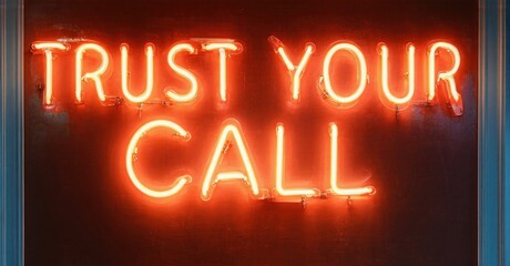 Bright neon sign displays message Trust Your Call. Dark background emphasizes glowing text. Simple, motivational phrase presented boldly.