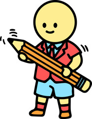 Cartoon kid holding giant pencil smiling