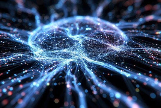 Abstract representation of a glowing blue digital brain or neural network, illustrating complex connections and data flow against a dark background