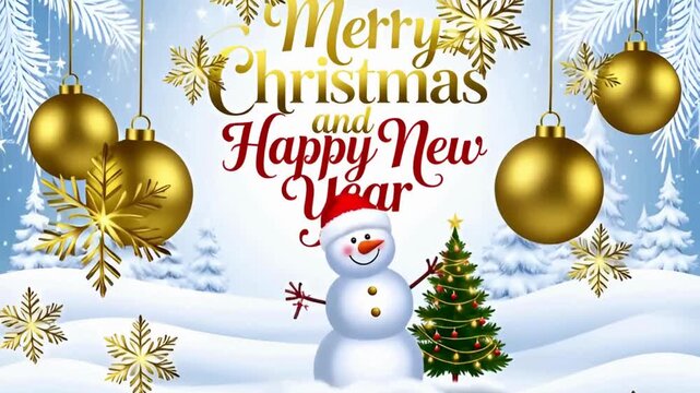 Lettering Merry Christmas and Happy New Year. Winter Scene with Snowman,Santa hat,Christmas Tree,Golden snow flakes and Golden Decorations on Winter Snow Background,Christmas Promotion Posteror banner