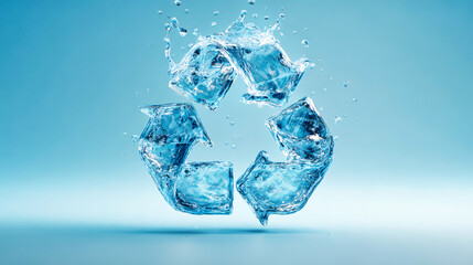 The scene shows a clear recycling symbol crafted from water. The design is set against a soft blue background and features realistic lighting and details