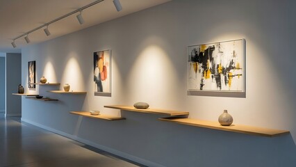 Modern art gallery interior with paintings.