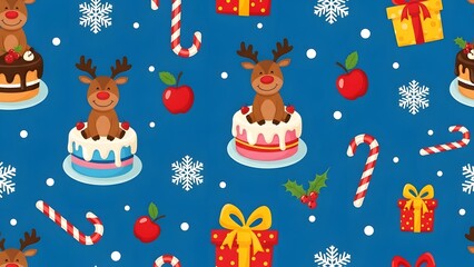 Fototapeta premium Festive Christmas Pattern with Reindeer and Gifts.