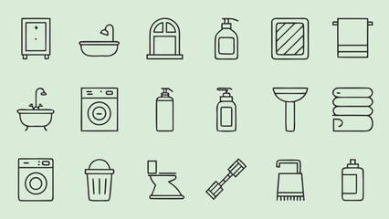 Set of 15 bathroom and toilet icons featuring essential items such as bathtub, soap dispenser, mirror, and washing machine