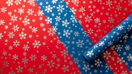 Fototapeta premium Festive Gift Wrapping Red And Blue Snowflake Pattern.