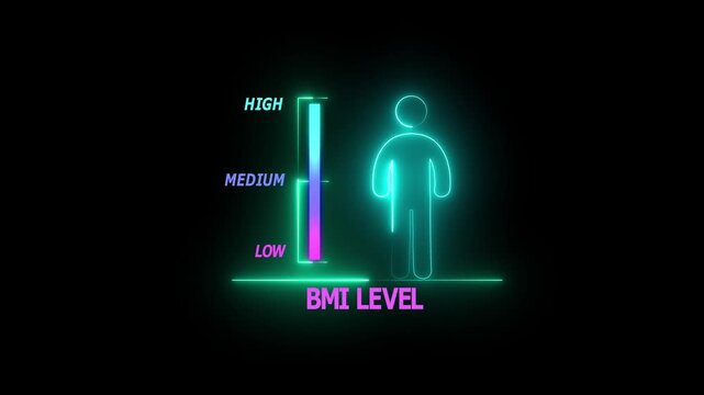 BMI Level Health Indicator with Human Icon and Neon UI Scale Showing Body Mass Index Range for Wellness Monitoring.