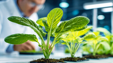 Green plants grow in a laboratory as a scientist examines them. Bright sunlight highlights the details in a modern, high-tech environment