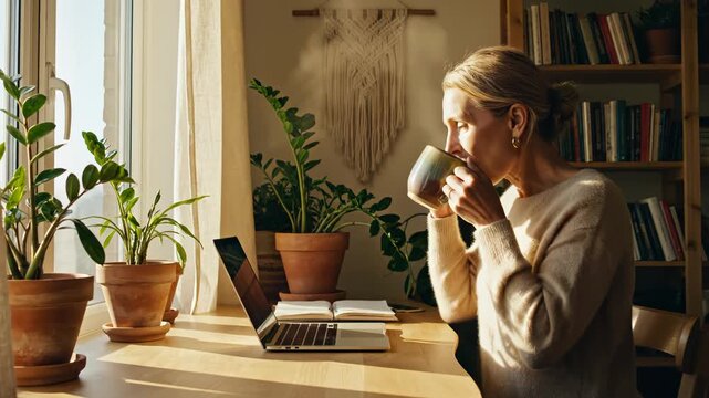 Woman working on laptop by window with plants