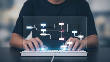 A person interacting with a futuristic computer interface