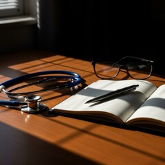 A reflective medical workspace showing a stethoscope alongside a pen and notebook, emphasizing clinician mental wellness.
