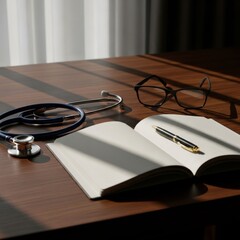 Professional healthcare flat lay with diagnostic tools and a journal on a wooden surface in moody afternoon light.
