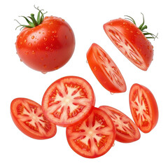 Flying tomato slices with water splash isolated subject