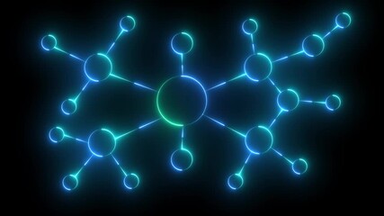 Neon glowing network connection nodes on dark background representing digital technology, data communication, blockchain structure and business connectivity. - Powered by Adobe