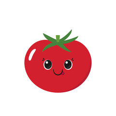 Cartoon tomato character in flat vector slyle. Friendly tomato mascot symbolizing ketchup and tomato paste. Happy smiling face, emotions joy delight, big eyes, kawaii style.