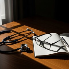Atmospheric view of a doctor's personal desk with essential tools and an open diary for professional reflection and care.
