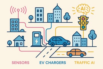 Fototapeta premium A smart city layout featuring sensors, EV chargers, and a traffic AI system connecting homes and vehicles to improve urban living.