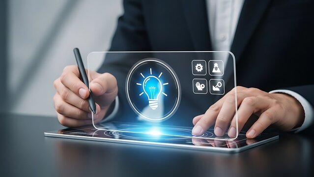Businessman interacting with a futuristic digital interface on a tablet - Powered by Adobe