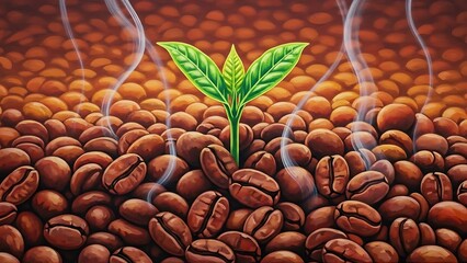 Vibrant painting of a green sprout emerging from a pile of roasted coffee beans with steaming aroma, celebrating coffee.