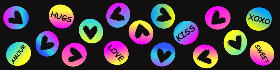 Vibrant round Valentine icons with hearts and love messages in neon colors on dark background. Ideal for stickers, social posts, and romantic decorative designs