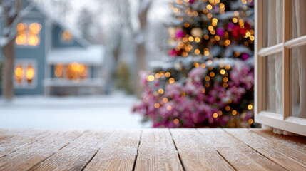 Festive gothic christmas with snowy wooden deck and decorated tree by large window