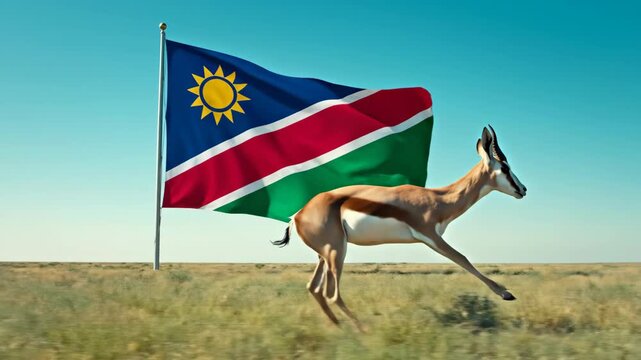 Springbok antelope leaping over Namibian flag in savanna landscape. National animal of Namibia jumping in patriotic display. African wildlife and country symbol concept for heritage representation.