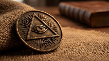 Eye of providence coin on burlap surface