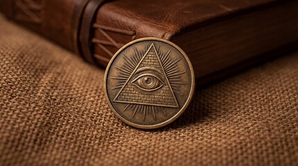Eye of providence coin on burlap surface