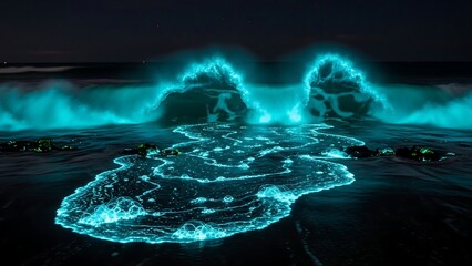 Glowing blue ocean waves at night.