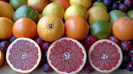 Vibrant close-up of fresh whole and halved citrus fruits including red grapefruits, oranges, lemons, and limes, alongside dark grapes.