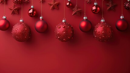 Red Christmas stars vector flat lay banner, hanging on strings with copy space on red background&mdash;ideal for New Year festive greeting cards & social media designs.