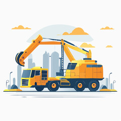 Fototapeta premium Heavy Machinery Operating in Open Pit Mining Landscape, Flat Vector Illustration