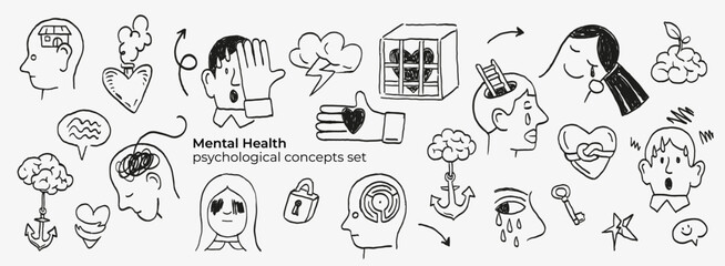 Naklejka premium Mental health doodle icon set illustrating psychological concepts, emotions, anxiety, depression, therapy, self care and inner state. Minimal black line art for editorial, apps, blogs.