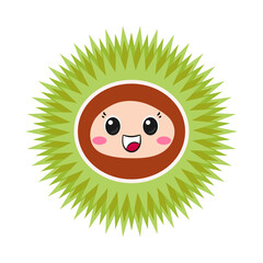 Chestnut in burr, cute and fun cartoon character, tasty nut, big eyes, happy smiling face, emotions joy delight, kawaii style, icon vector illustration.