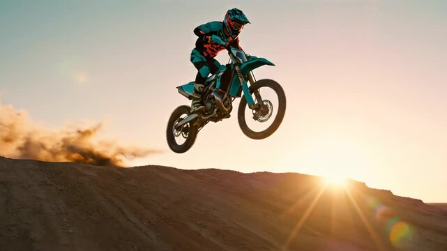 Man on dirt bike jumping off ramp at sunset. Rider airborne in extreme off-road stunt sequence. Thrilling motorcycle leap over dune in golden hour light.