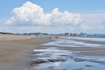 潮が引いた片瀬西浜海岸で海に入るサーファー
