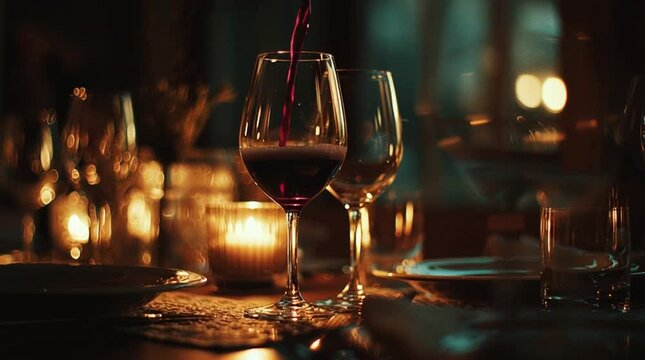 Wine Poured into Glass on Dinner Table