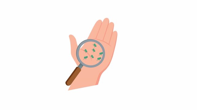 Flat 2D vector motion animation showing a human hand holding a magnifying glass inspecting germs and microbes on skin,  germ inspection, hygiene awareness, contamination detection, alpha channel 