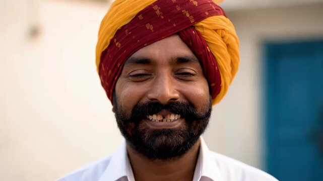 Closeup of a happy cheerful positive young brown man with mustache as he smiles looks straight at camera photo video, adjusts his multicolor vibrant turban, outdoors exterior of his small town house
