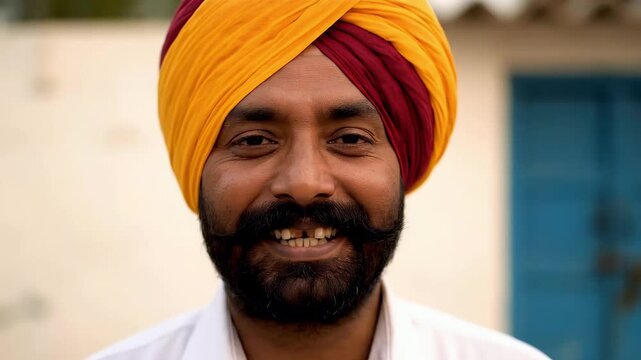 Closeup of a happy cheerful positive young brown man with mustache as he smiles looks straight at camera photo video, adjusts his multicolor vibrant turban, outdoors exterior of his small town house
