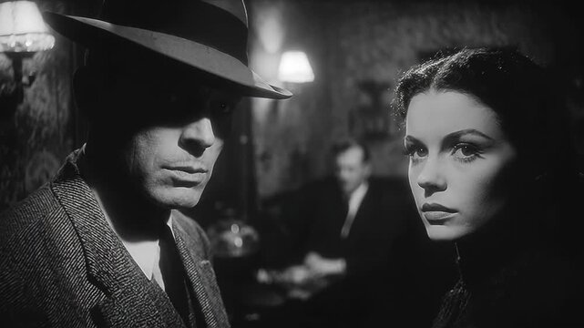 Man in fedora hat and suit leans toward woman with curly hair at table in dimly lit room. Black and white film noir conversation sequence in bar setting during evening.