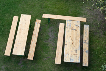 high angle view of picnic tables in a park
