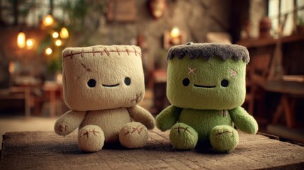 Cute frankenstein monster plush toys in cozy vintage workshop setting
