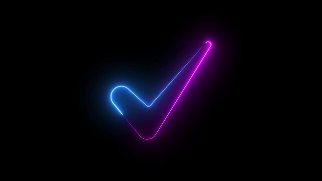 Check mark glowing neon icon animation with futuristic light effect, approval and success symbol for digital interface and technology design.