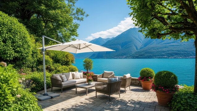 Outdoor patio furniture beside a lake and mountains