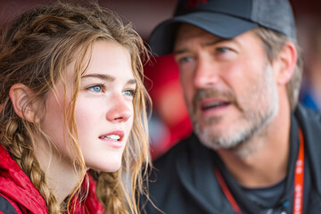 Coach discusses sprint technique with focused teenage athlete during training session Generative AI