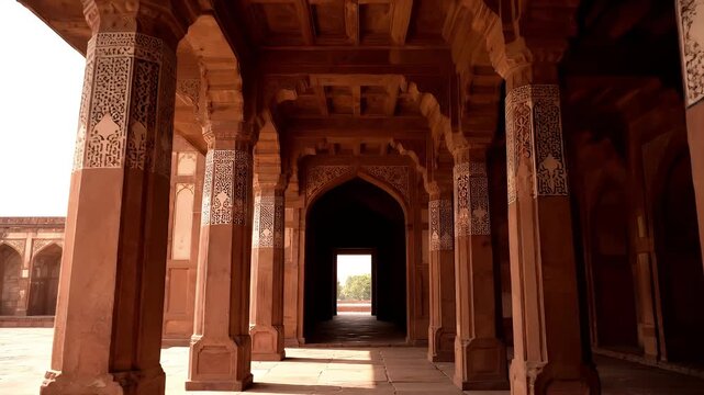 a gimbal stabilized clip walking west in buland darwaza gate at fatehpur sikri near agra, india
