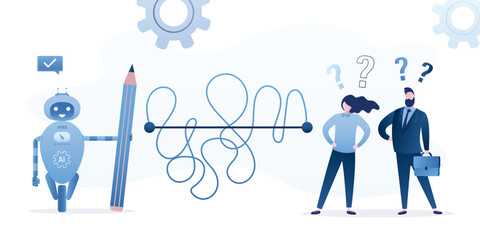 Shortcut on difficult routes, overcome obstacles. AI chatbot makes straight path on winding road. Robot chat bot looking for easiest way to achieve goals and help business people.