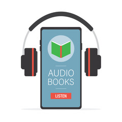 Headphones and modern smartphone with audio book application. Online library app on display. E-reading on cellphone, modern technology. Design isolated on white background.